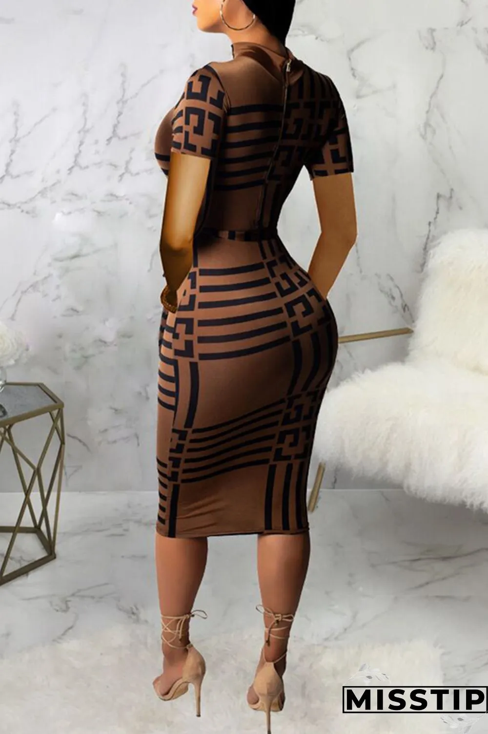 Brown Fashion Casual Print With Belt Turtleneck Short Sleeve Dress Dresses