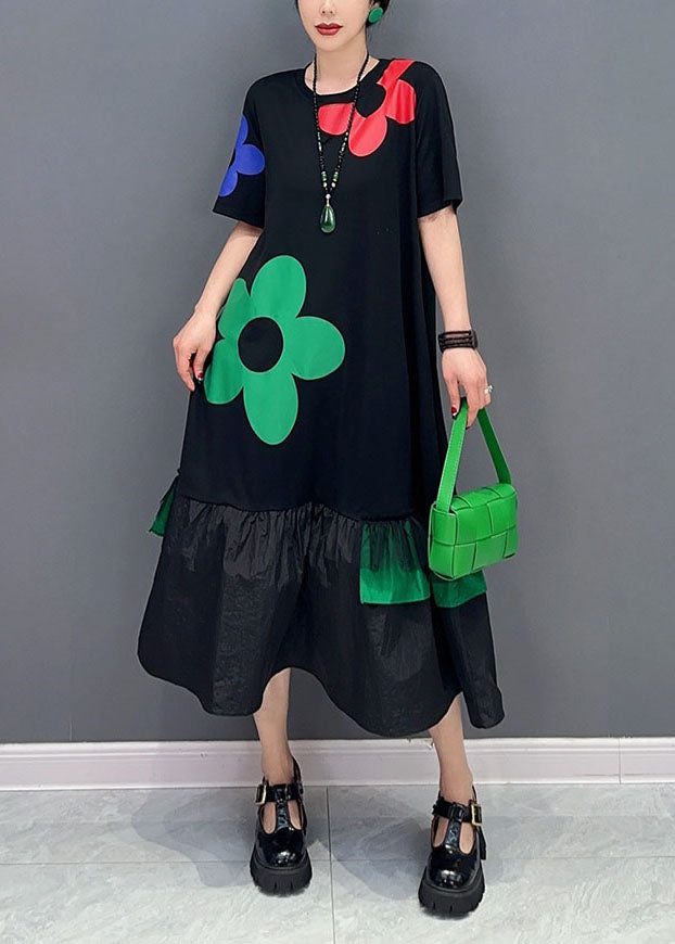 VCSHOES Black Floral Patchwork Ruffles Cotton Long Dresses Summer