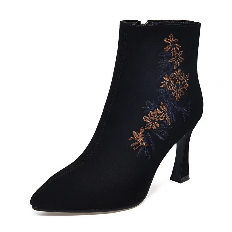 Noombusiness costume ideas women 2024 New Winter Women Chelsea Boots Suede Embroidery Ankle Fashion Chunky High Heels Goth Shoes Dress Pumps Motorcycle Botas