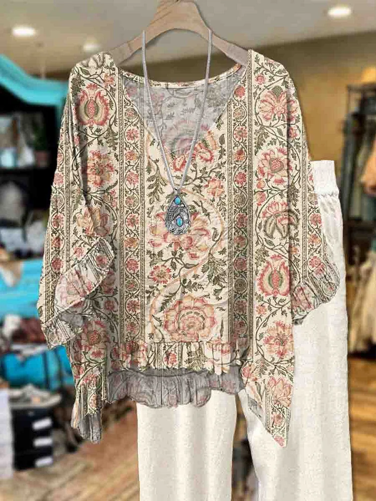 Women's Vintage Floral Print Casual Short Sleeve Comfortable Cotton Shirt