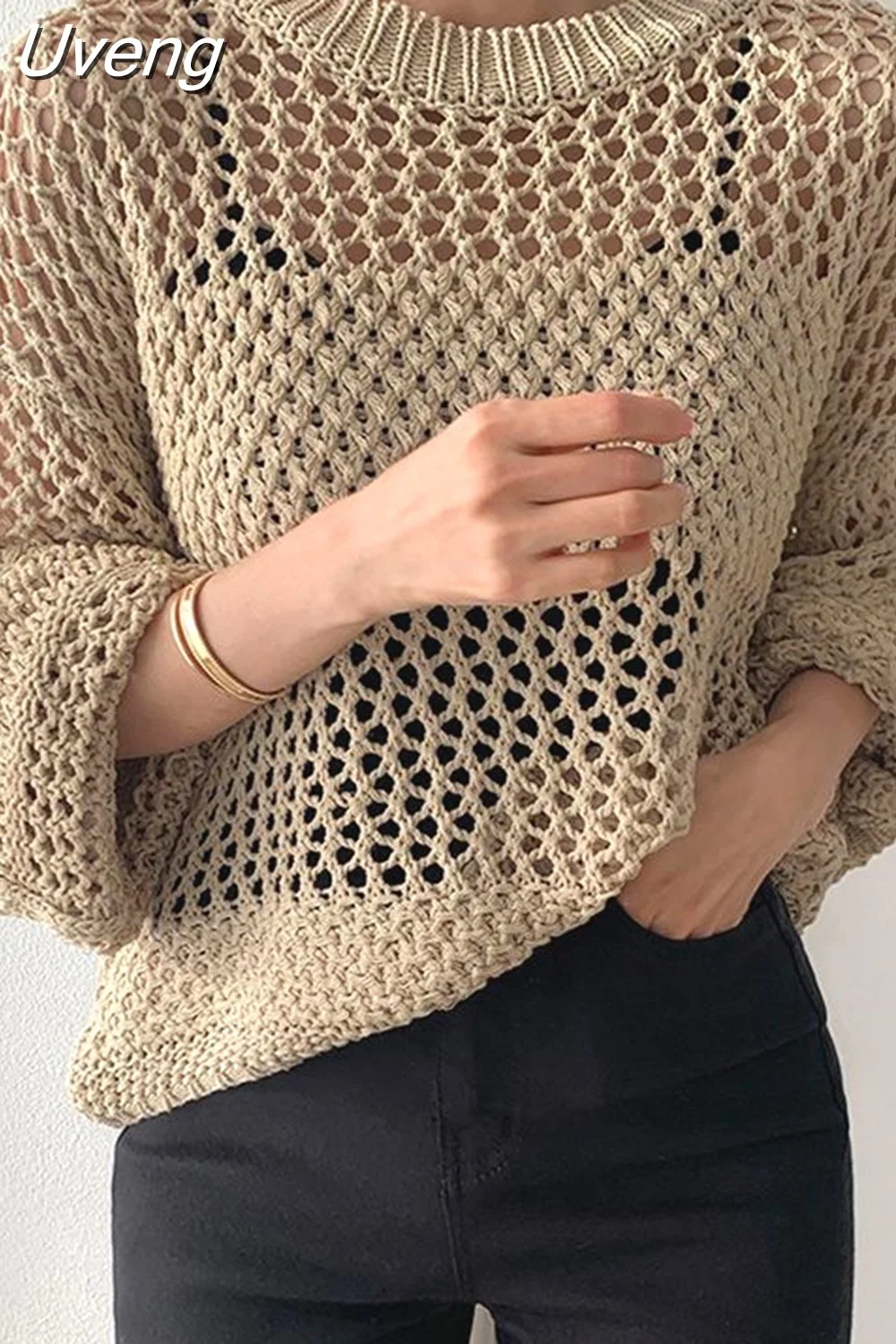 Uveng Harajuku Hollow Out Knit Pullovers Crewneck Autumn Vintage Fairycore Grunge Top Fashion Retro Smock Sweater