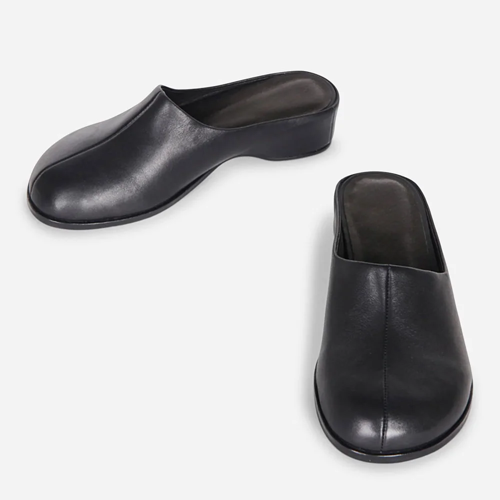 Black Faux Leather Round Flat Casual Slip On Women's Mules Shoes