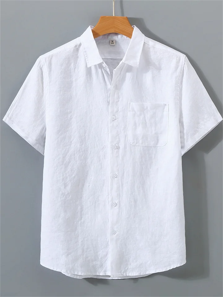 Summer Solid Color Linen Shirt Men's Short-sleeved Thin Section of The Retro Leisure Tops