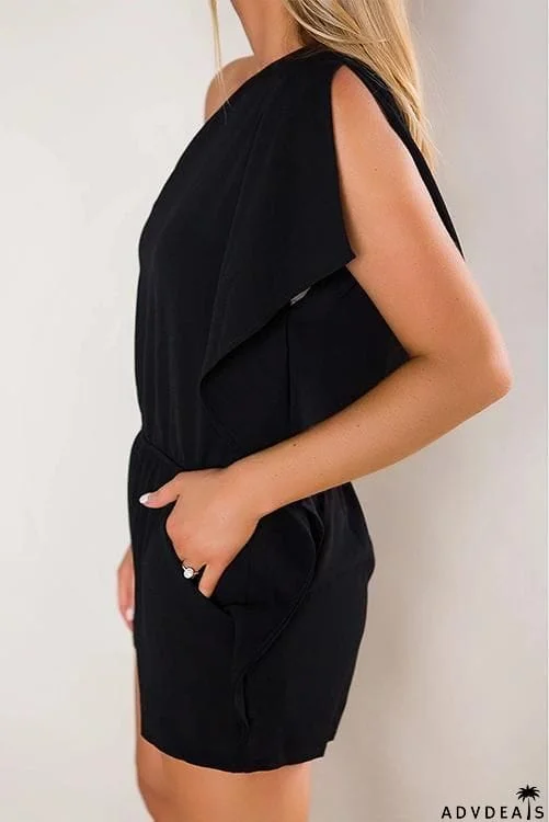 Ruffles One Shoulder Pockets Romper