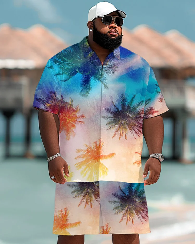 Men's Plus Size Hawaiian Gradient Coconut Tree Print Short Sleeve Shirt Shorts Suit