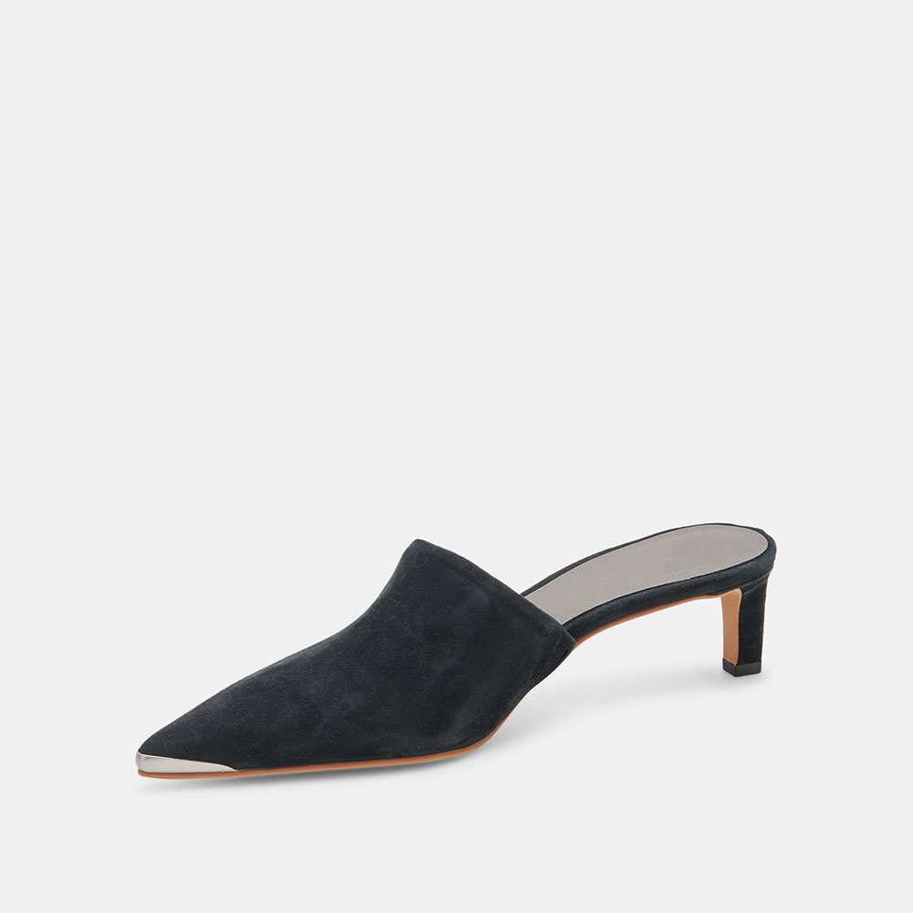 Black Vegan Suede Pointed Toe Kitten Heel Slip-On Mules Shoes Nicepairs