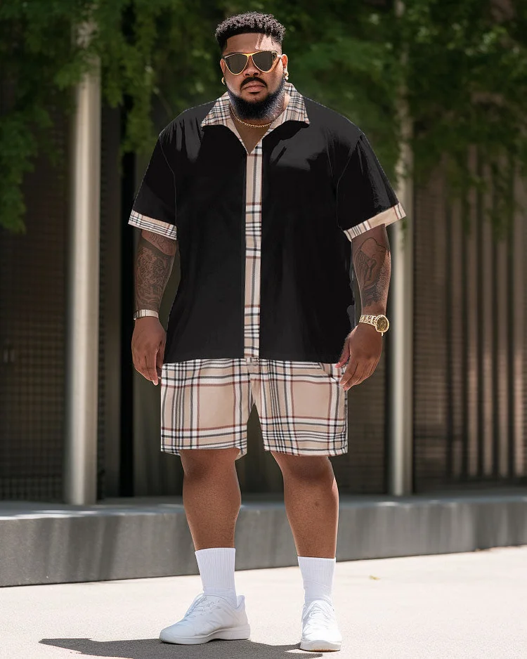 Men's Large Size Casual Color Block Plaid Retro Street Short Shirt Shorts Suit