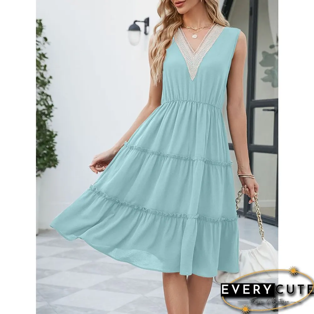 Light Blue Lace V Neck Tiered Sleeveless Casual Dress