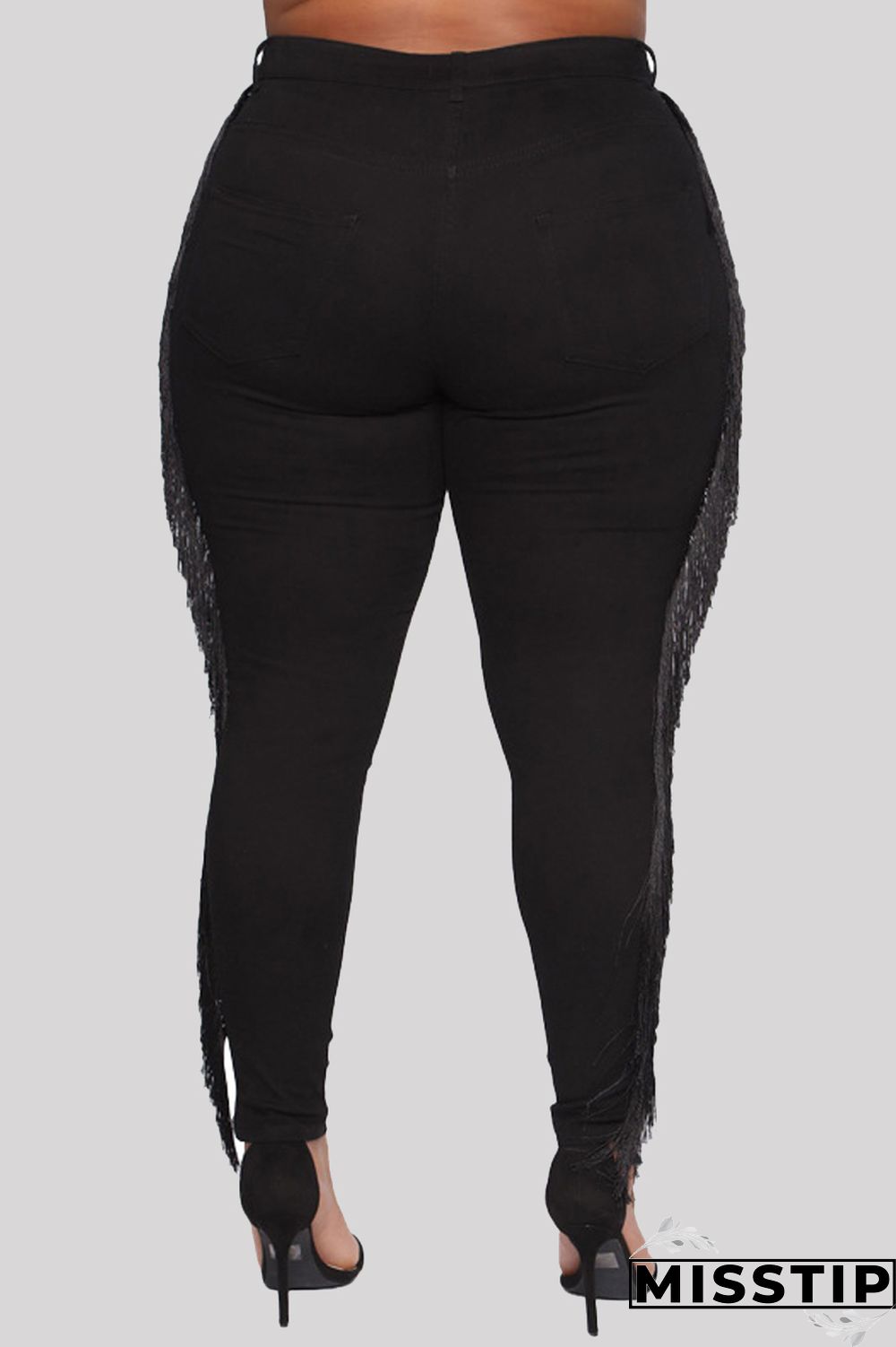 Black Fashion Casual Solid Tassel Ripped Plus Size Jeans