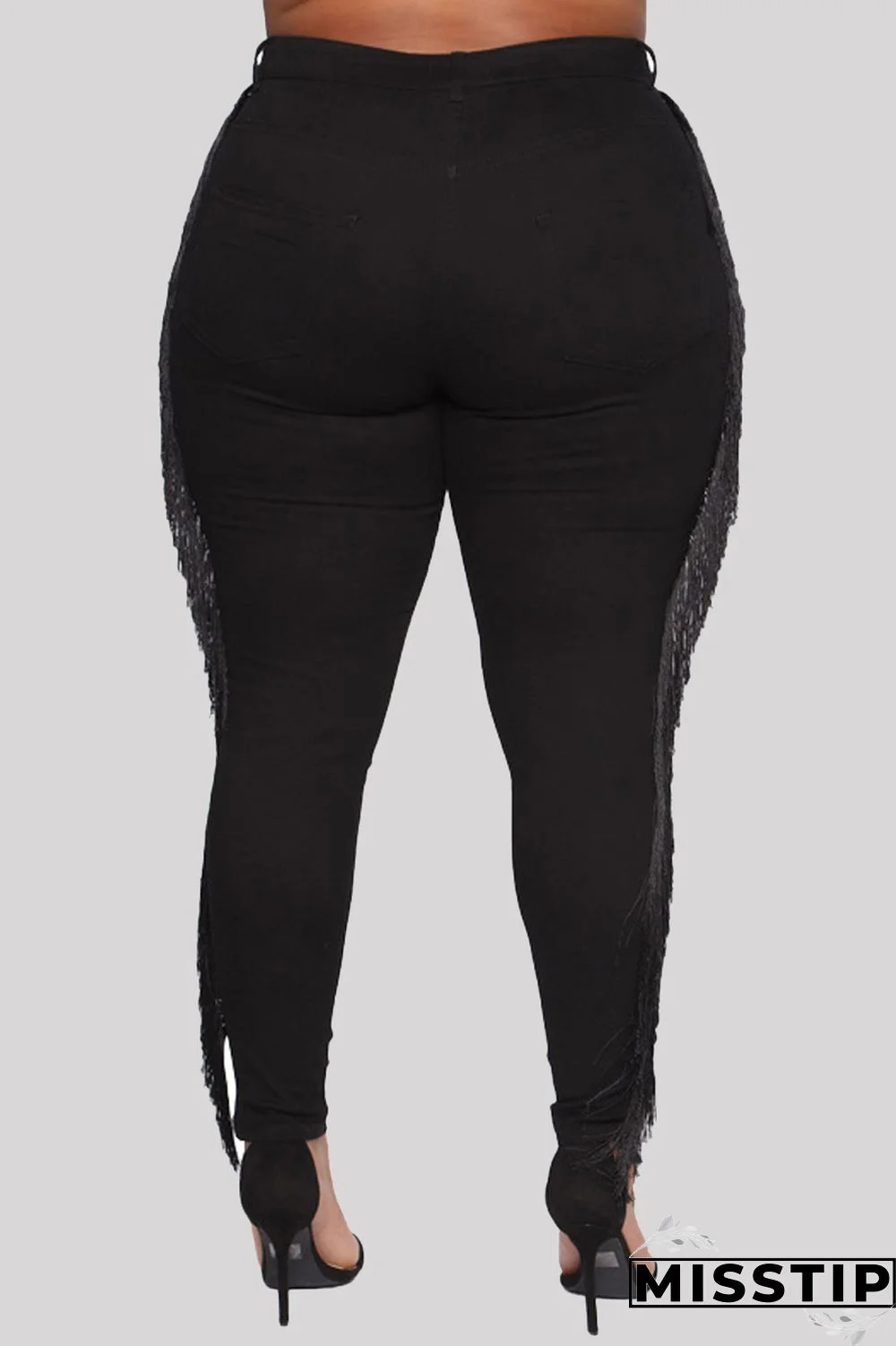 Black Fashion Casual Solid Tassel Ripped Plus Size Jeans