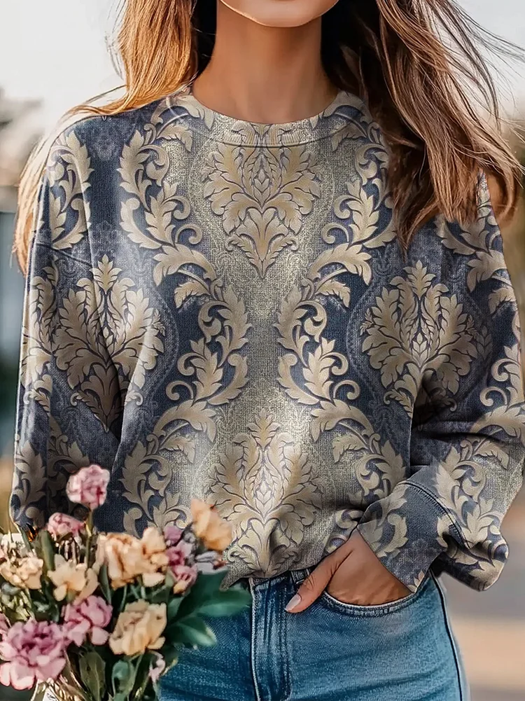 Women's Retro Ethnic Art Patterns Print Casual Crew Neck Sweatshirt