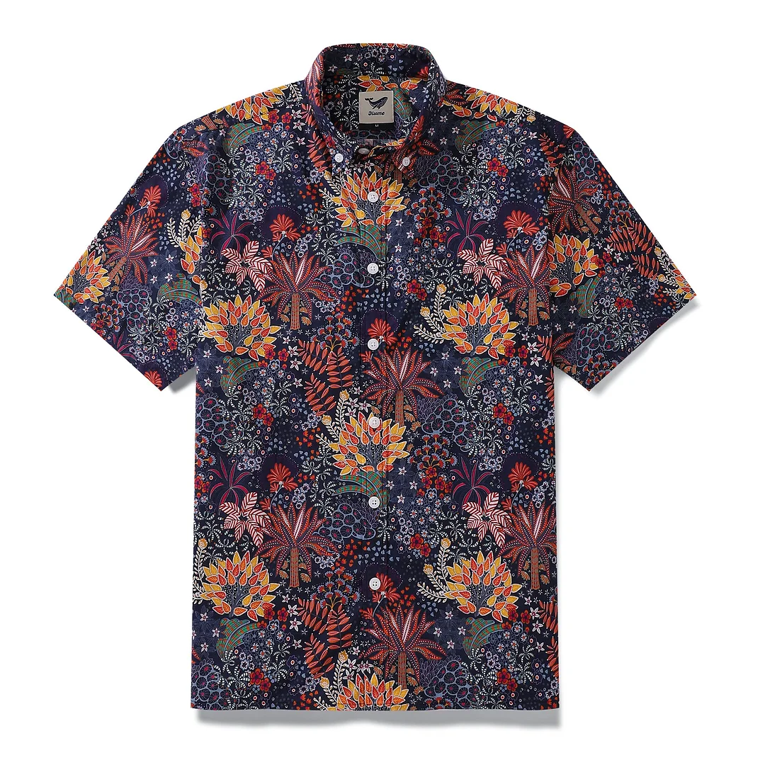 Men's Hawaiian Shirt Quirky Plants Print Cotton Button-down Short Sleeve Aloha Shirt