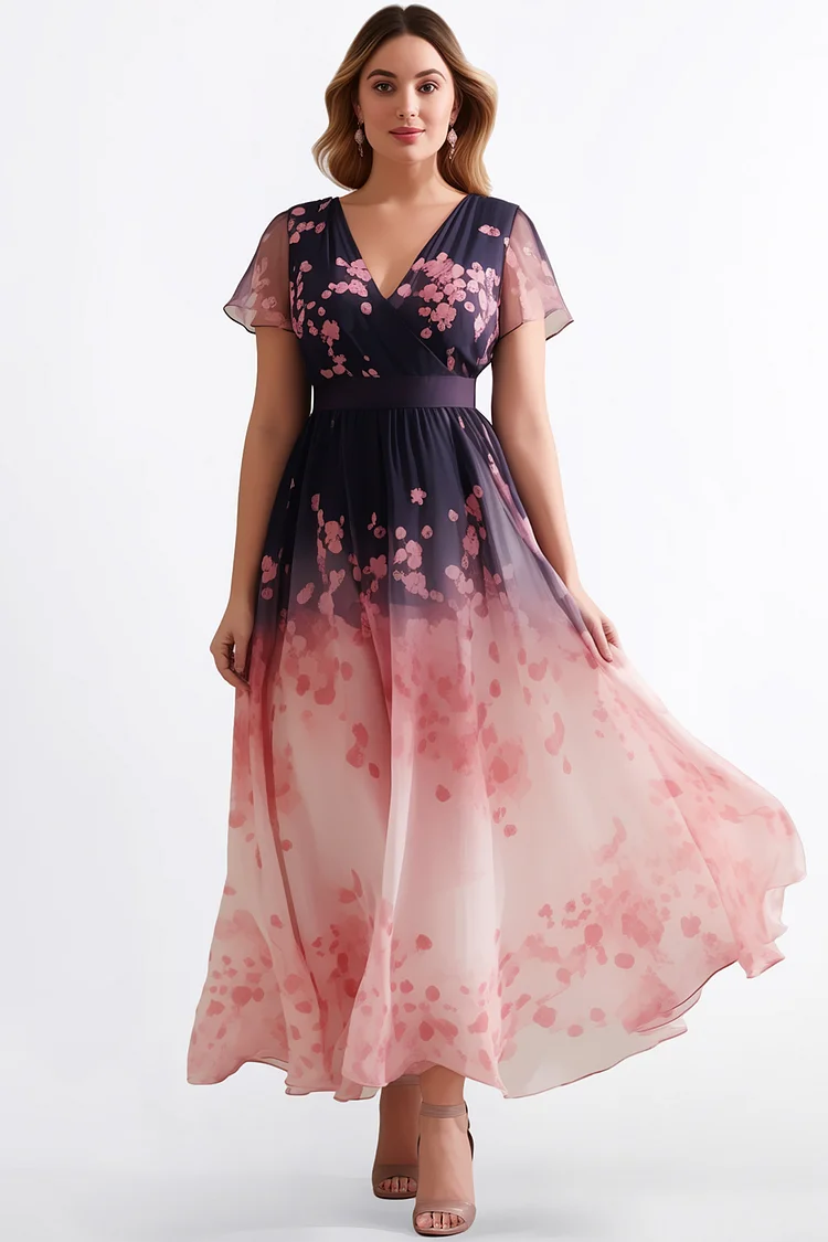 Zaruci Everyday Pink Chiffon Gradient Floral Print Wrap Maxi Dress [Pre-Order]
