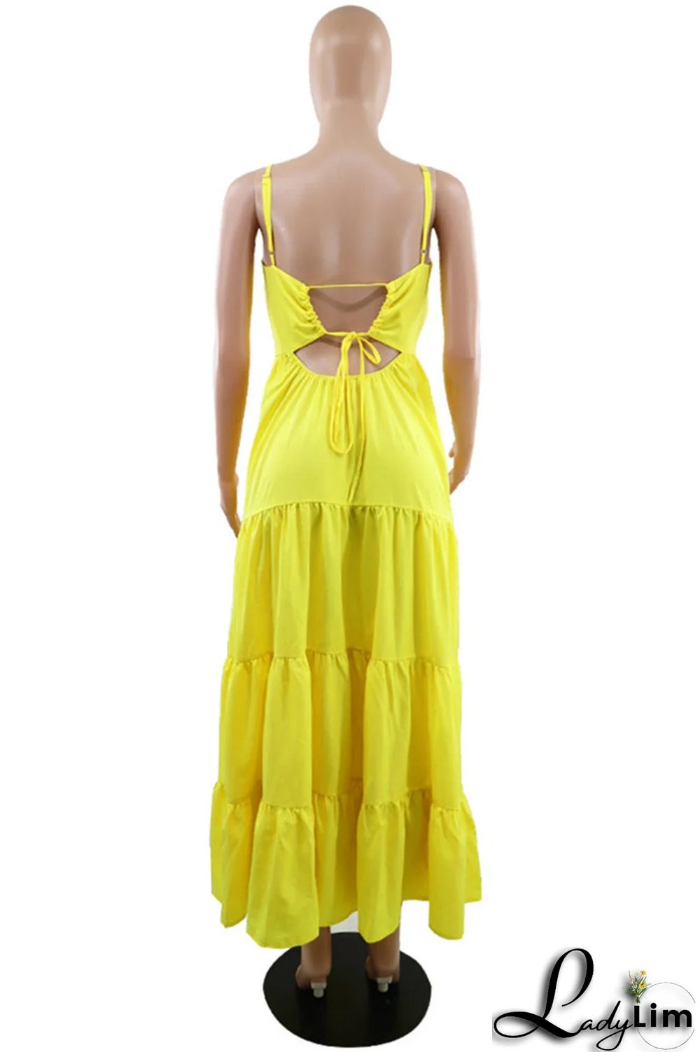 Yellow Fashion Casual Solid Backless Spaghetti Strap Long Dress