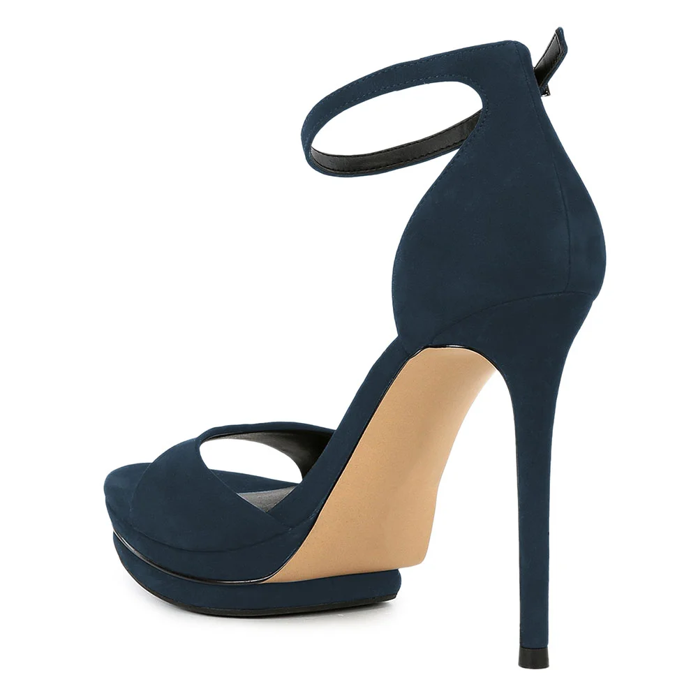 Dark Blue Open Round Toe Stiletto Heeled Sandals with Ankle Strap