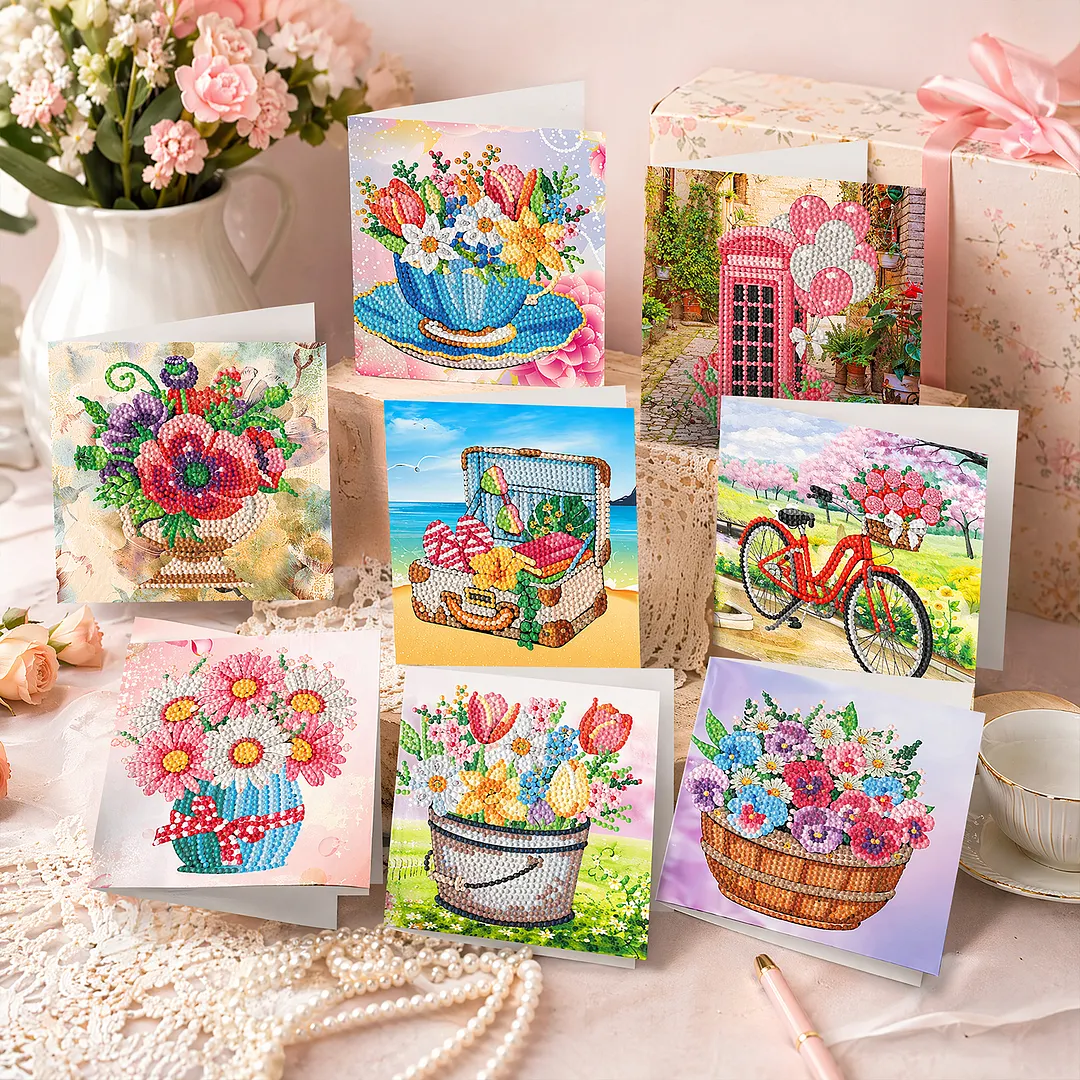 8PCS Garden DIY Diamond Painting Greeting Card Kits with Envelopes Diamond Art Greeting Cards Diamond Art Cards Kits for Adults DIY Crafts Family Friend Gifts