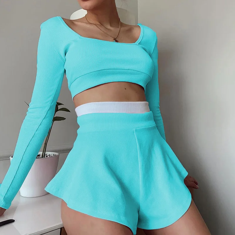 CANDY COLOR CASUAL CROP TOP AND SHORTS SET