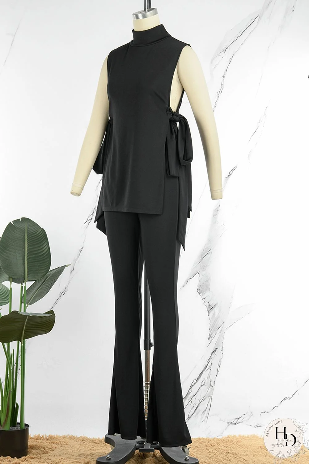 Black Elegant Solid Bandage Hollowed Out Sleeveless Two Pieces