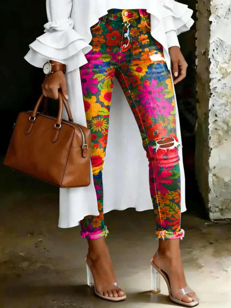 Women's Vintage Multicolor Floral Totem Print Casual High-waisted Ripped Skinny Jeans