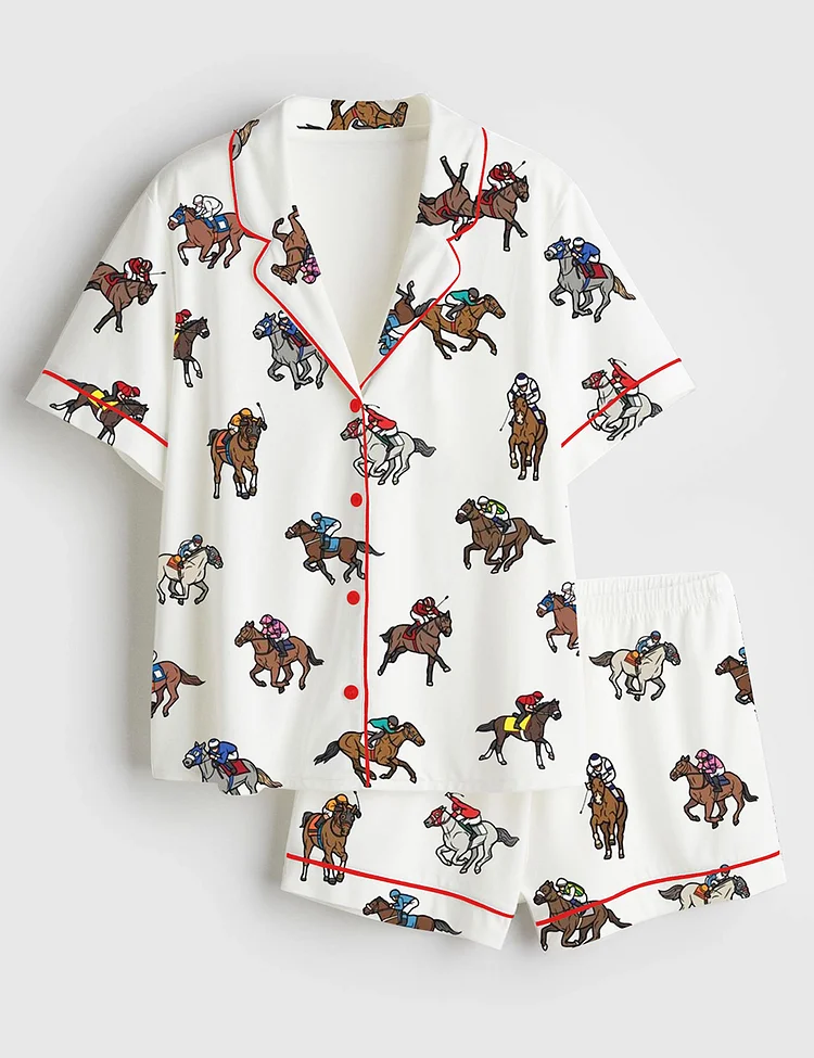 Women&rsquo;s Derby Horse Racing Kentucky Derby 2025 Equestrian Jockey Print Short Sleeve Satin Pajama Set