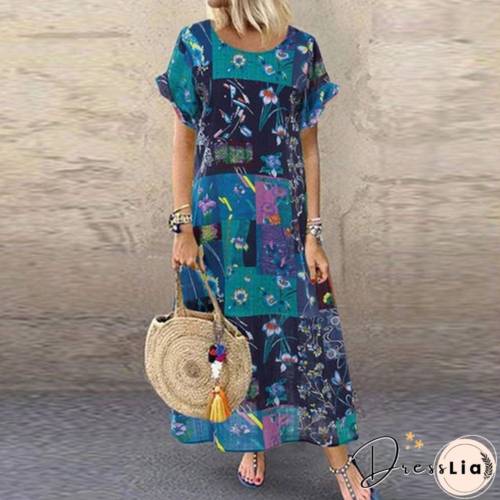 Women Summer Short Sleeve Fashion Printed Dress Party Beach Kaftan Long Maxi Dress Plus