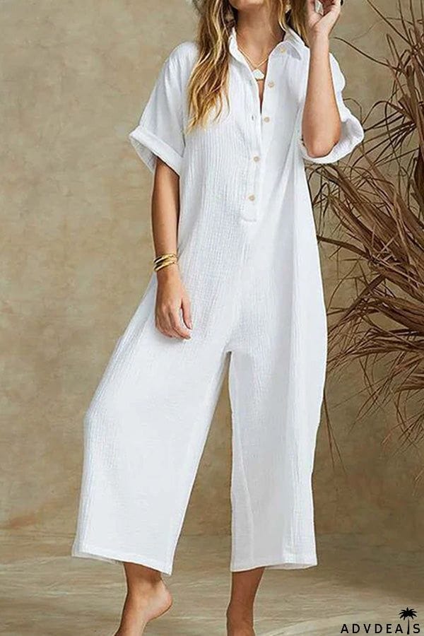 SHORT SLEEVE V NECK JUMPSUIT BUTTON DOWN TURNDOWN COLLAR WIDE LEG JUMPSUIT