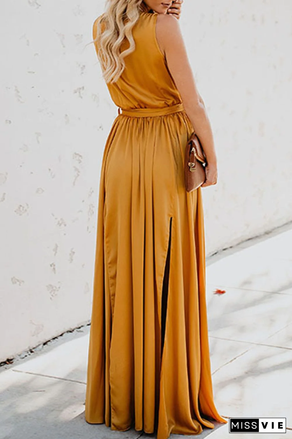 Casual Bohemian Solid High Opening With Belt V Neck Dresses