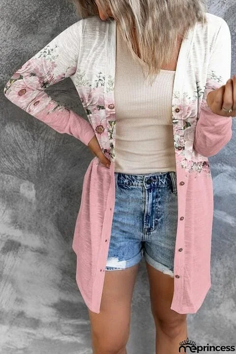 Printed Button Up Long Sleeve Cardigan