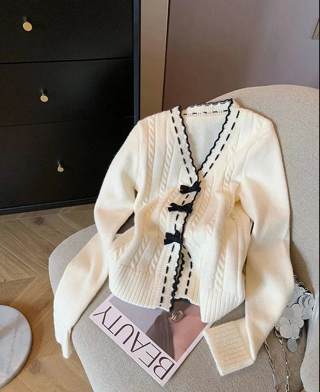 Woherb White Cabel Knit Bow Cardigan-Outfit Ideas