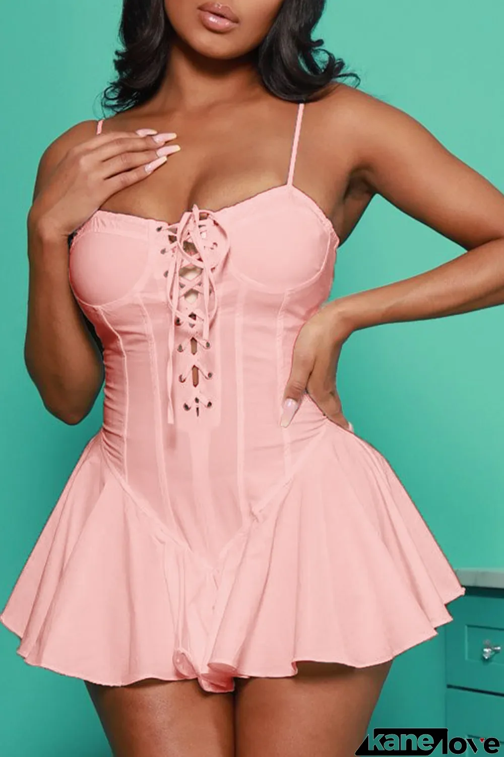 Pink Sexy Solid Hollowed Out Draw String Spaghetti Strap Cake Skirt Dresses