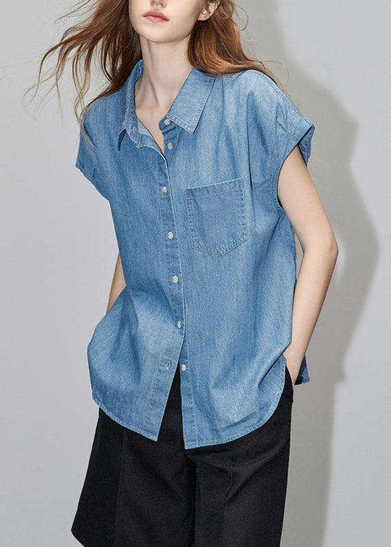 VCSHOES Loose Blue Peter Pan Collar Button Denim Shirt Short Sleeve