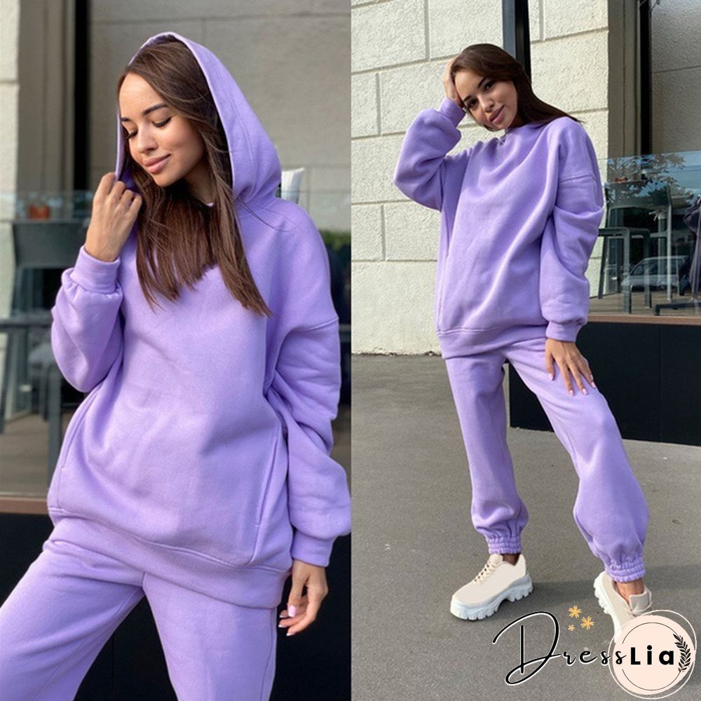 Women Hoodies Two Piece Set Long Sleeve Solid Casual Pocket Sweater Suit Spring Elastic Sport Pants Female Tracksuit