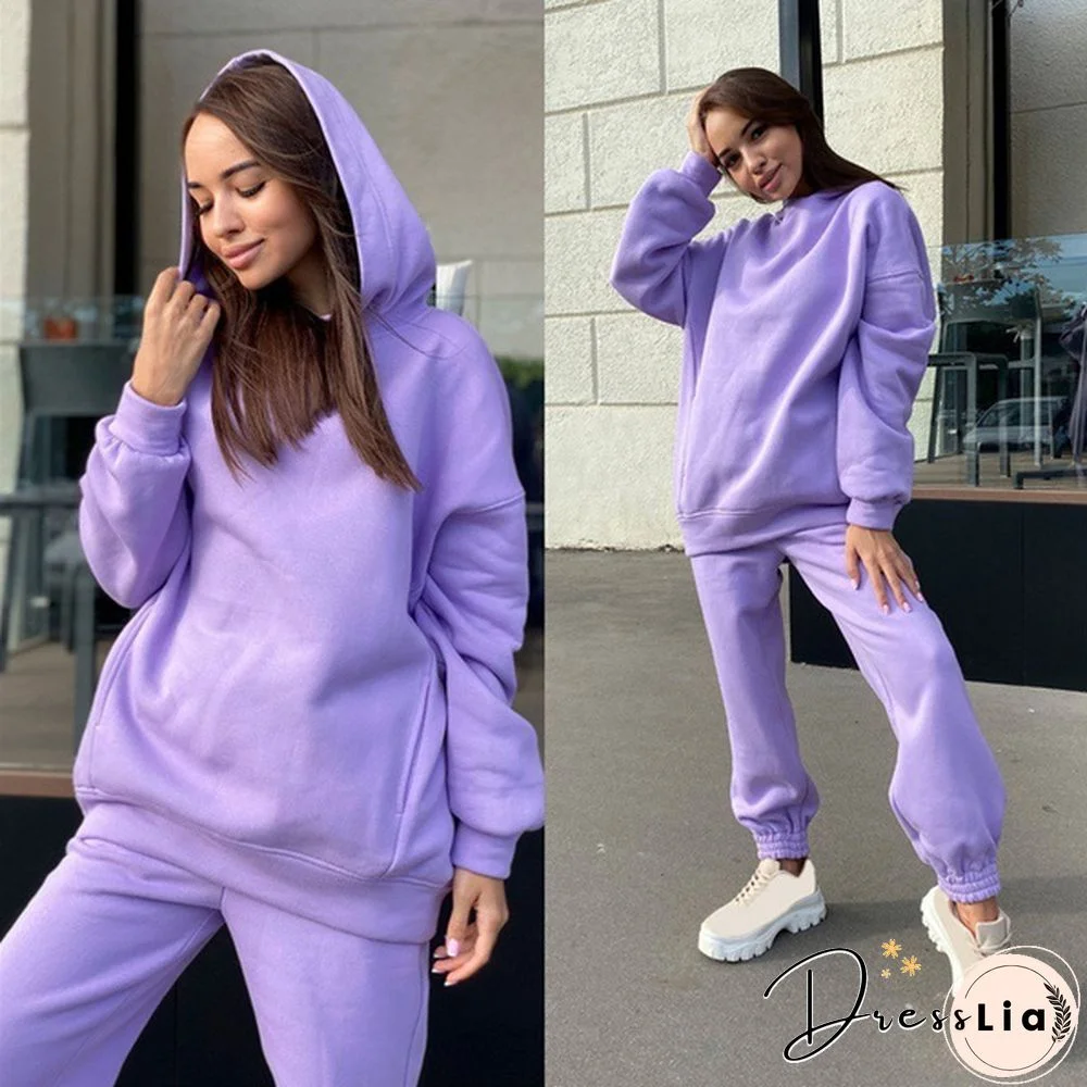 Women Hoodies Two Piece Set Long Sleeve Solid Casual Pocket Sweater Suit Spring Elastic Sport Pants Female Tracksuit