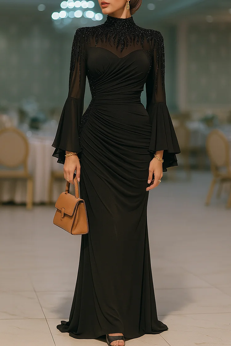 green emerald velvet dress Widow Lace Mega Flare Sleeve Maxi Dress main image 1