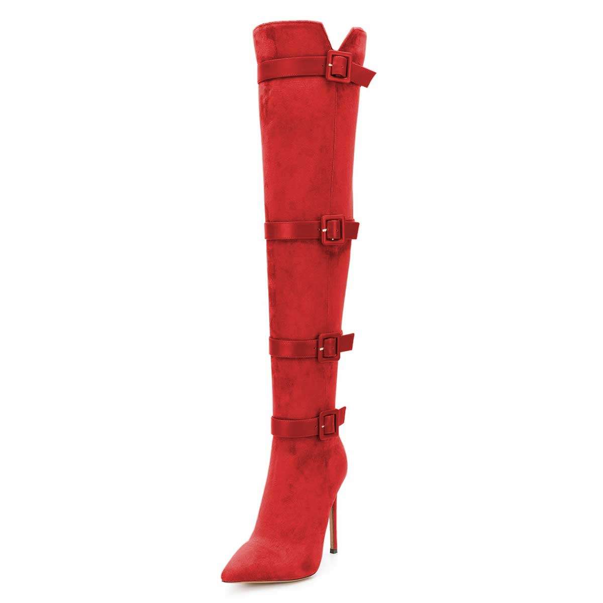 Red Buckle boots Pointy Toe Stiletto Heel Suede Long Boots|FSJshoes