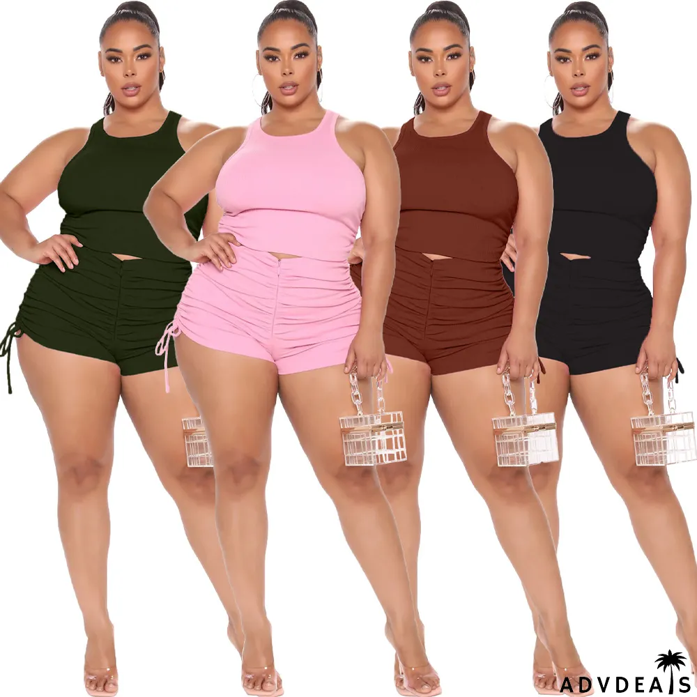 Plus Size Tank Tops And Ruch Shorts Two Piece Set