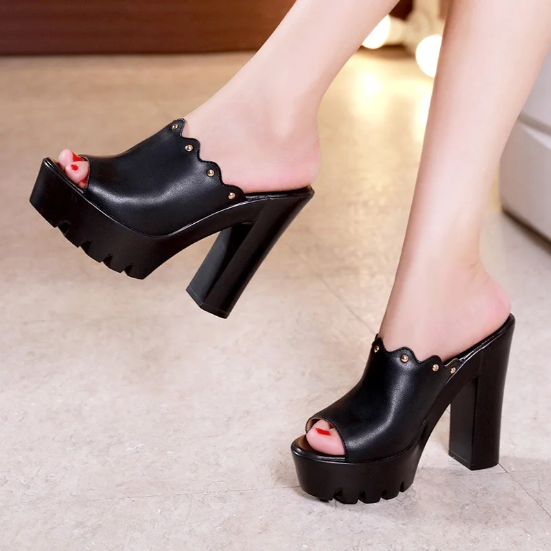 Qengg Toe Plus Size 32-43 Block Heels Platform Shoes Woman Summer Slippers 2021 Super High Heels Leather Slides Women Slippers