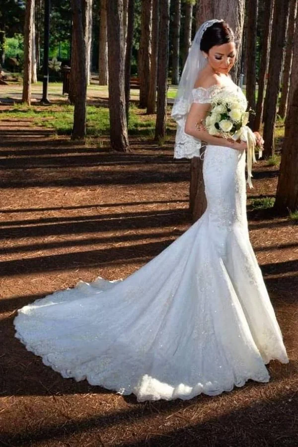 Long Mermaid Wedding Dress Off-the-shoulder With Lace Appliques
