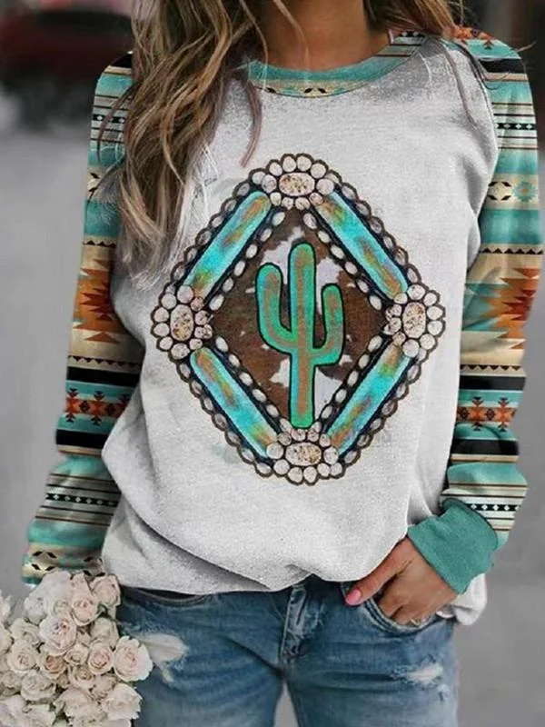 Women Long Sleeve Scoop Neck Floral Printed Graphic Top