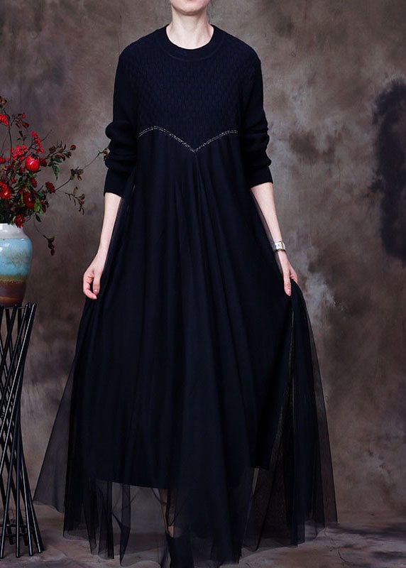 Classy Black Knit Patchwork Fall Sweater Dress