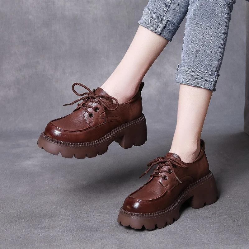 Yyvonne British Style Small Leather Shoes Women Thick Heel Low-Skinny Pine Shoes Spring And Autumn Lace With Lefu Single Shoes Pine Cake Thick Bottom