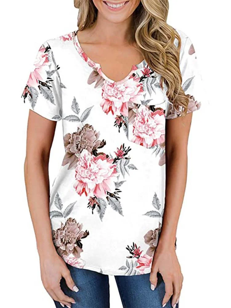 Women Short Sleeve Scoop Neck Floral Printed Top