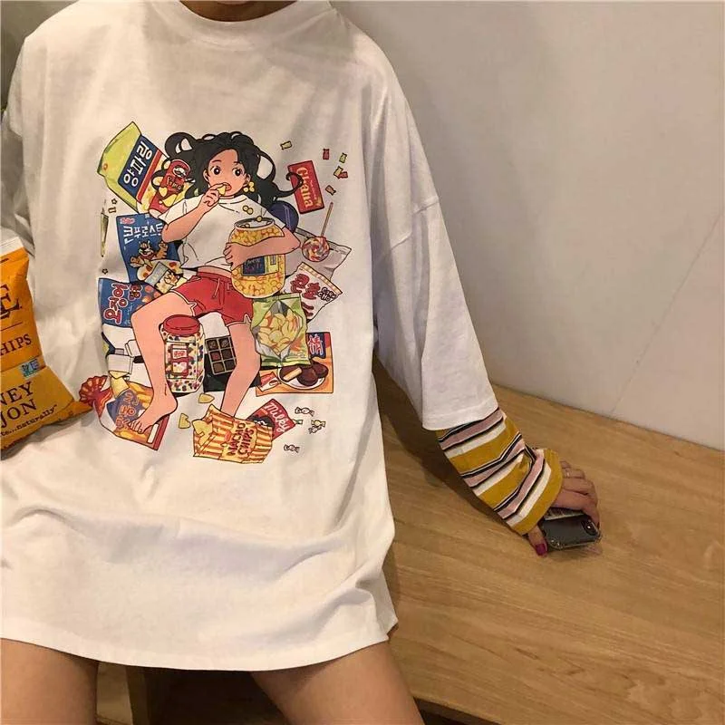 NiceMix 2020 Autumn Women Clothing Korean Ulzzang Harajuku T-shirt Funny Printed Fake Two Long Sleeve T-shirts Female Loose Shir