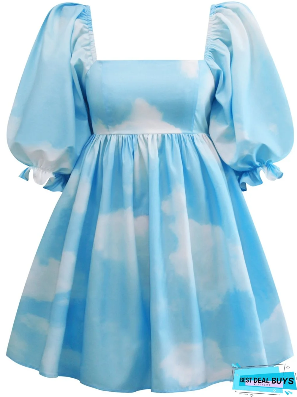 Printed Square Neck Lantern Short Sleeve Women's Dress Backless Fluffy French Princess Dress