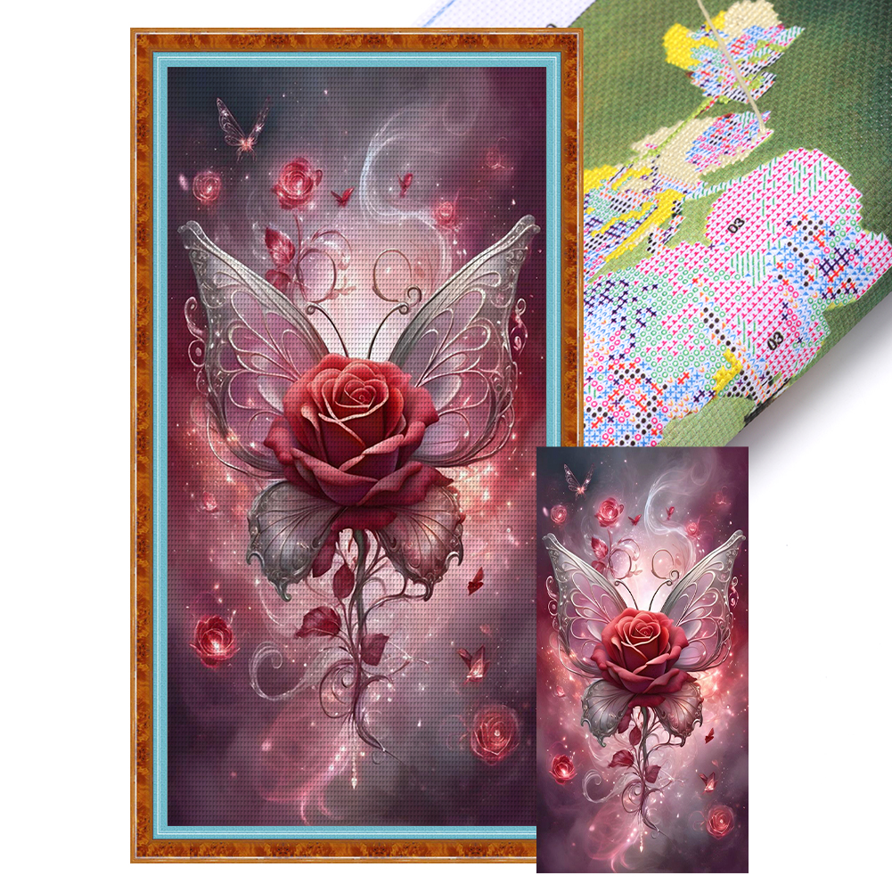 Red Butterfly Rose Full 11CT Pre-stamped Canvas(40*80cm) Cross Stitch