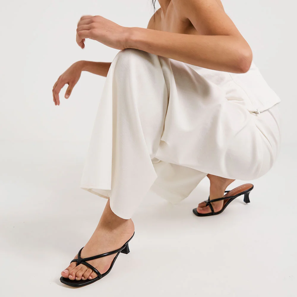 Black Vegan Leather Open Square Toe Strappy Kitten Heeled Sandals