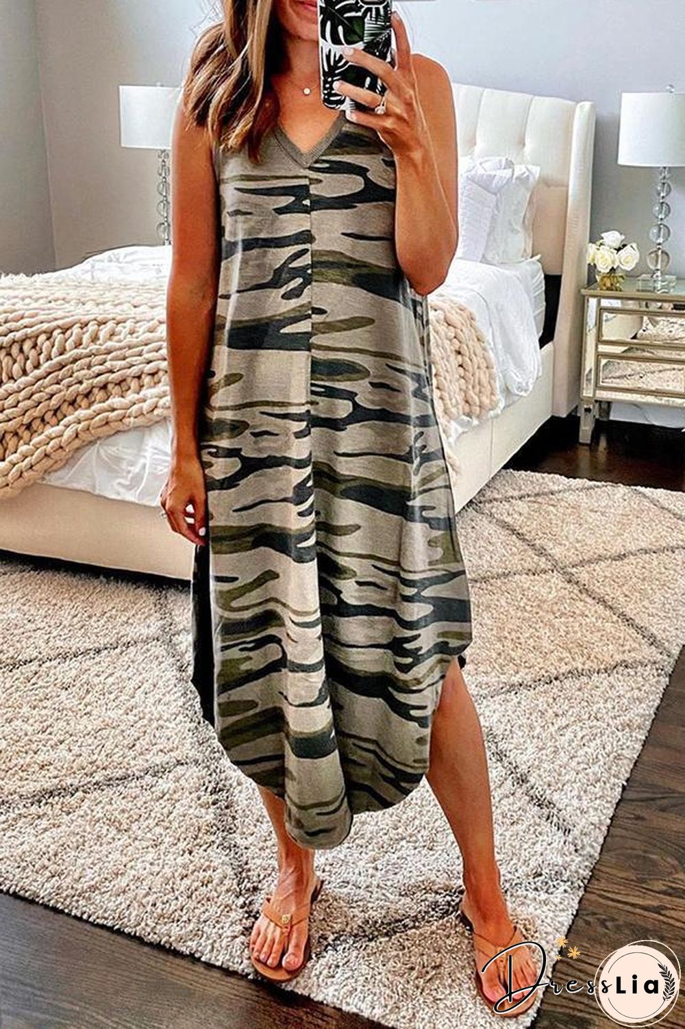 Camouflage V-neck Sleeveless Midi Dress P10441