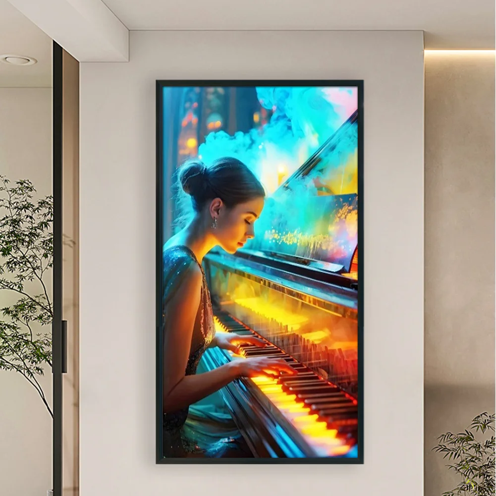 Full Embroidery Eco-cotton Thread 14CT Stamped Cross Stitch - Girl Piano(Canvas|40*70CM)