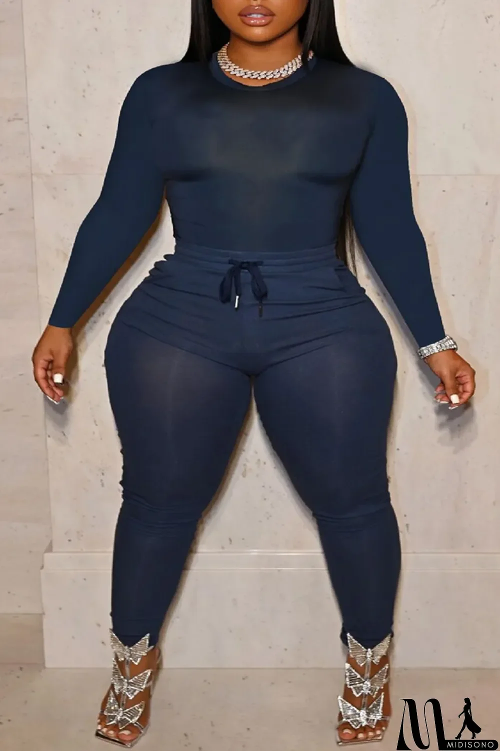 MidiSono - Apricot Fashion Casual Solid Basic O Neck Plus Size Two Pieces