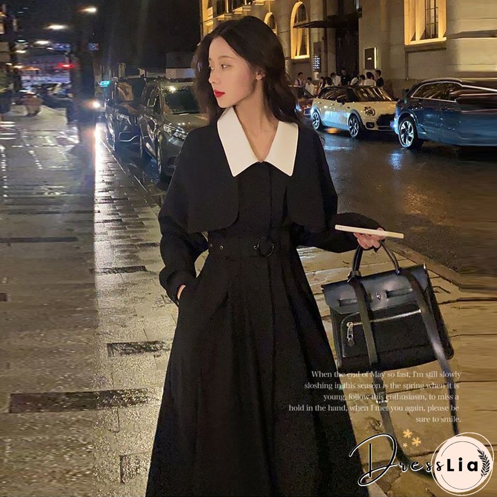 Spring Autumn Elegant Black Dress Women Loose Casual Midi Korean Fashion Lady Trench